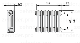 Схема (чертеж) Радиатор Zehnder Charleston 3037/7 №7610 Белый глянцевый RAL 9016